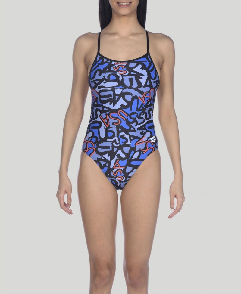 Bleu Marine Multicolore Maillot de Bain Arena Usa Allover Booster Back - ZON-8630517