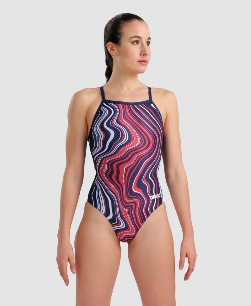 Bleu Marine Rouge Multicolore Maillot de Bain Arena Marbled Lightdrop Back - KQM-1983747