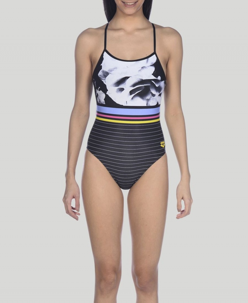 Noir Multicolore Maillot de Bain Arena Dark Floral Stripes Accelerate Back - WHV-0022468