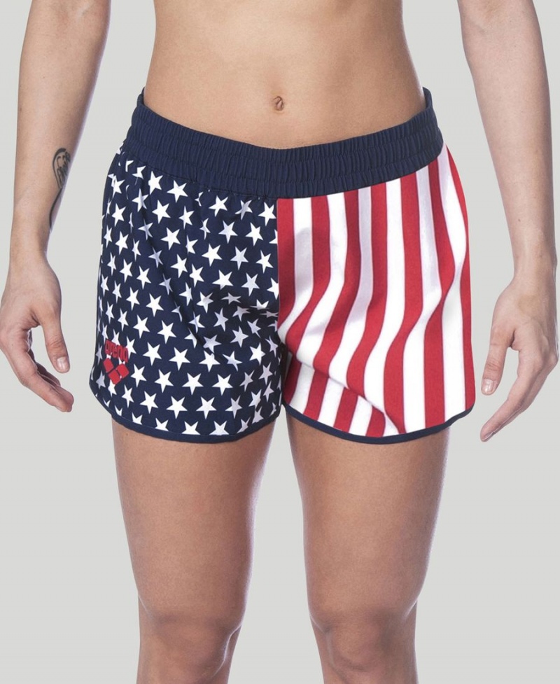 Bleu Marine Rouge Blanche Short Arena Official USA Swimming National Team Flag Print - MSM-8058128