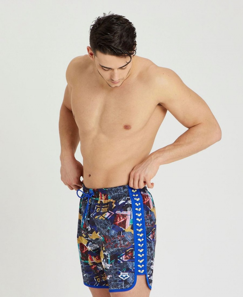 Bleu Multicolore Short Arena Icons Allover Print Beach - KWJ-5369018